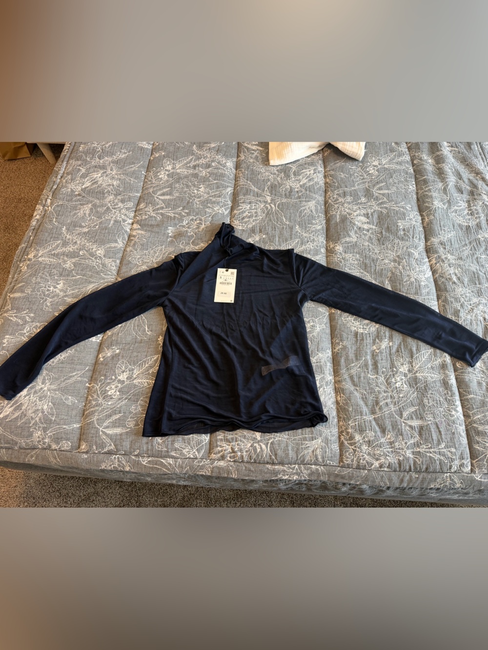 Zara Navy Blue Long Sleeve Sheer Mock Neck Top - Small - BNWT